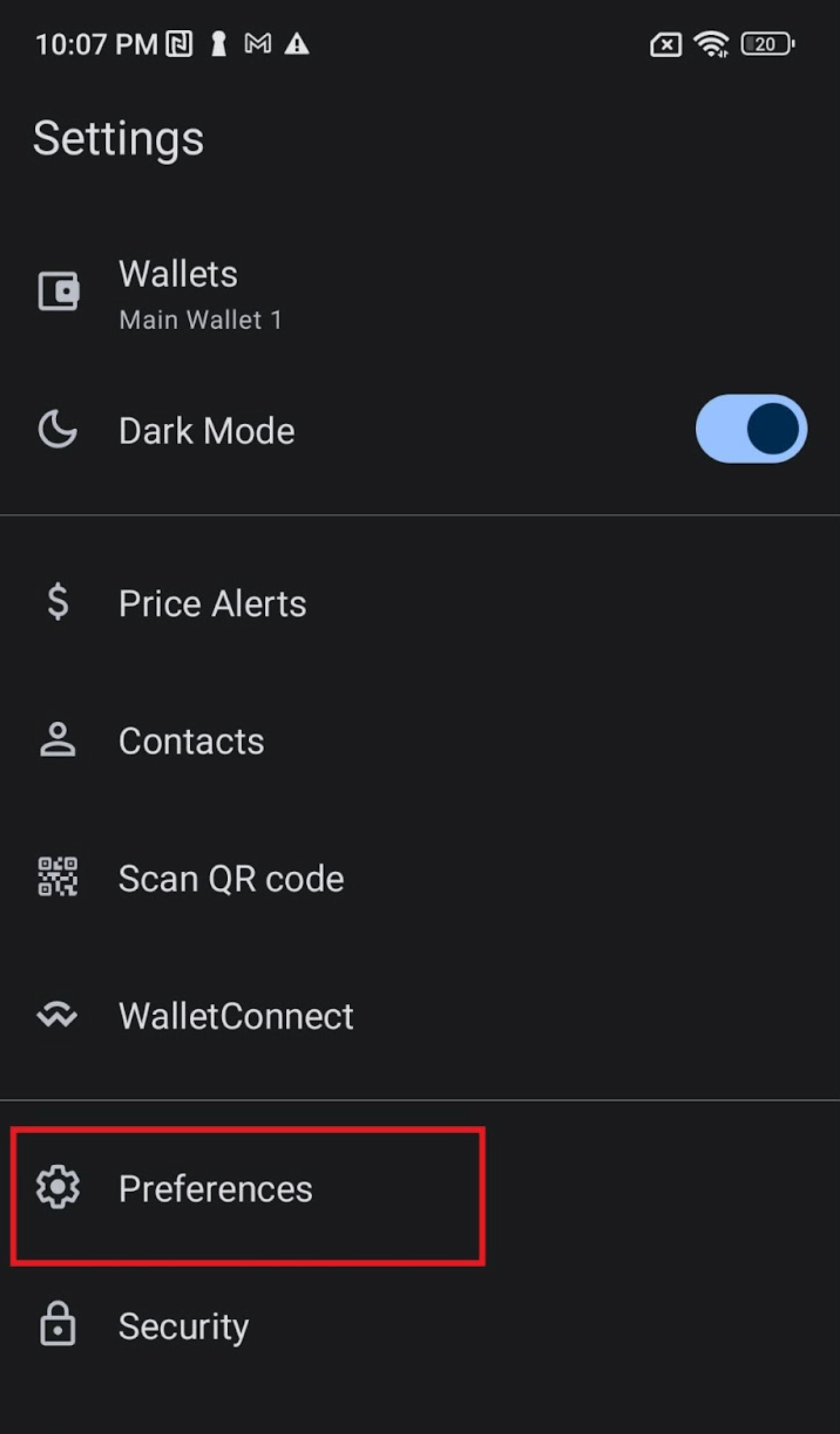 TrustWallet Settings - Step 1 - Preferences Menu